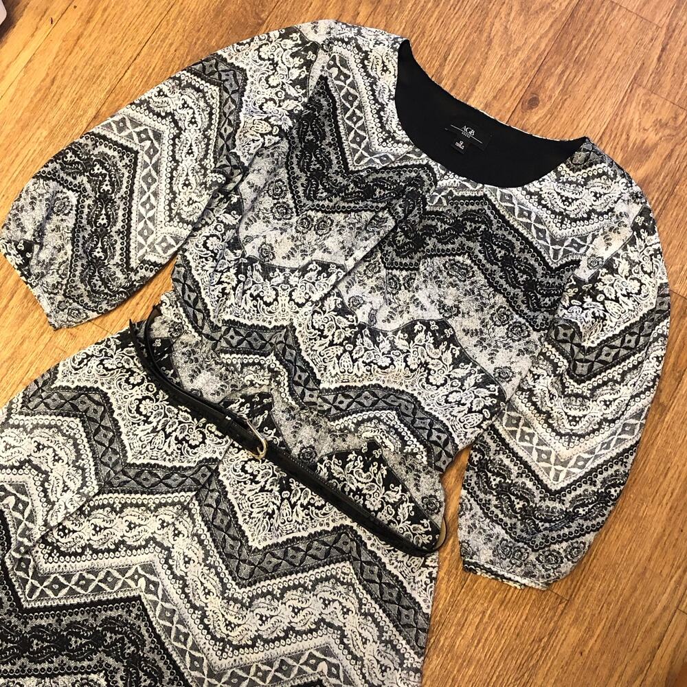 AGB Black and White Intricate Floral Pattern Belted Quarter Sleeve Dress Size 12